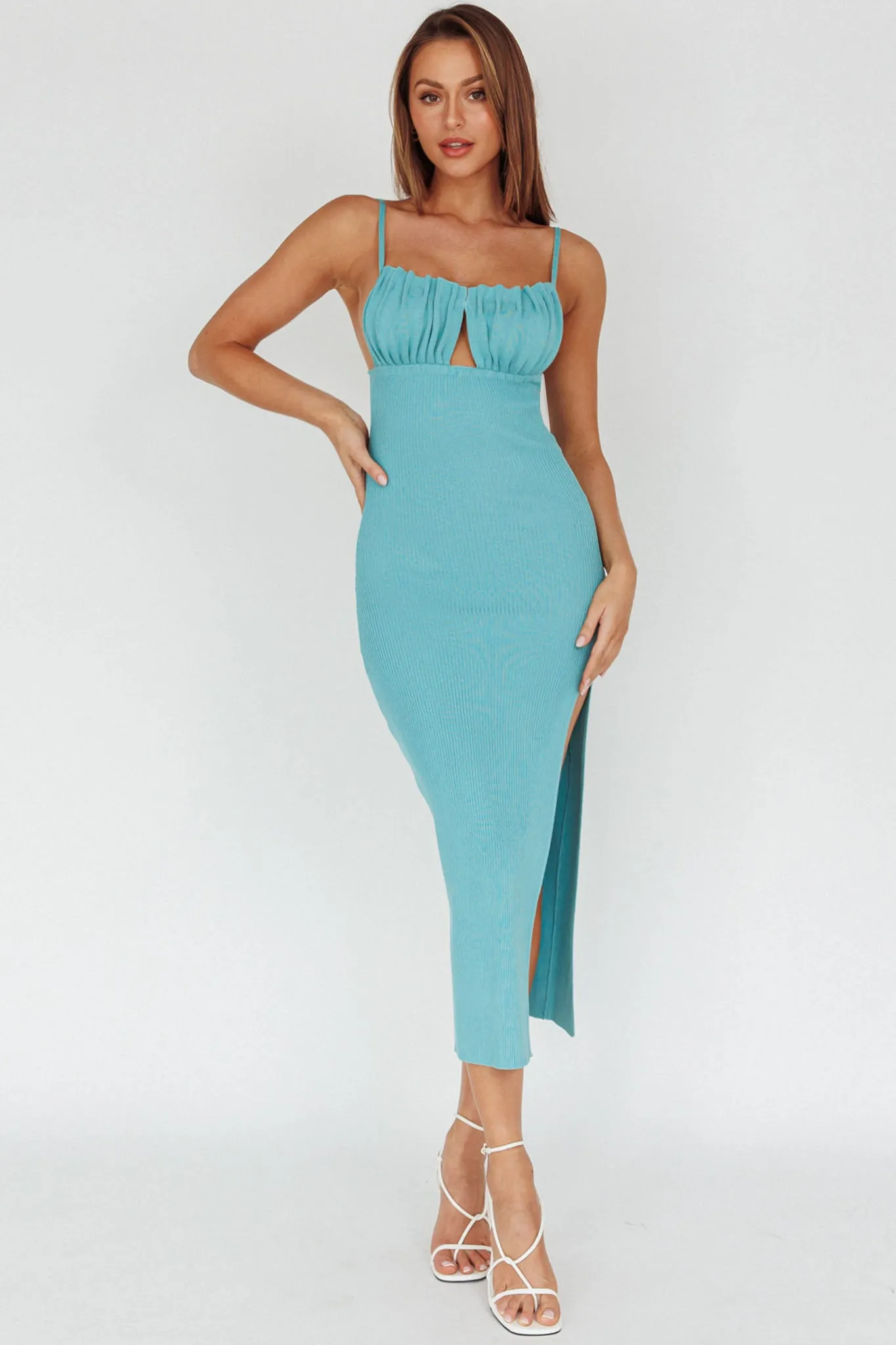 Jelina Gathered Bust Knit Midi Dress Teal sold by Selfie Leslie