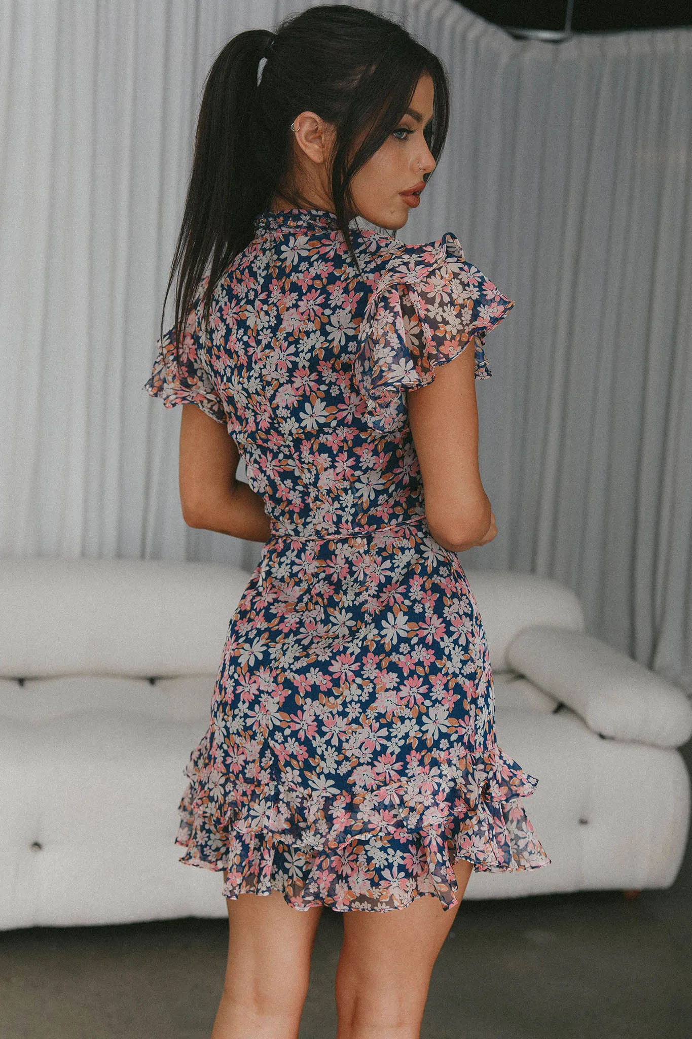 Lark High Neck Ruffle Sleeve Dress Flower Print Navy sold by Selfie Leslie product image thumbnail 2