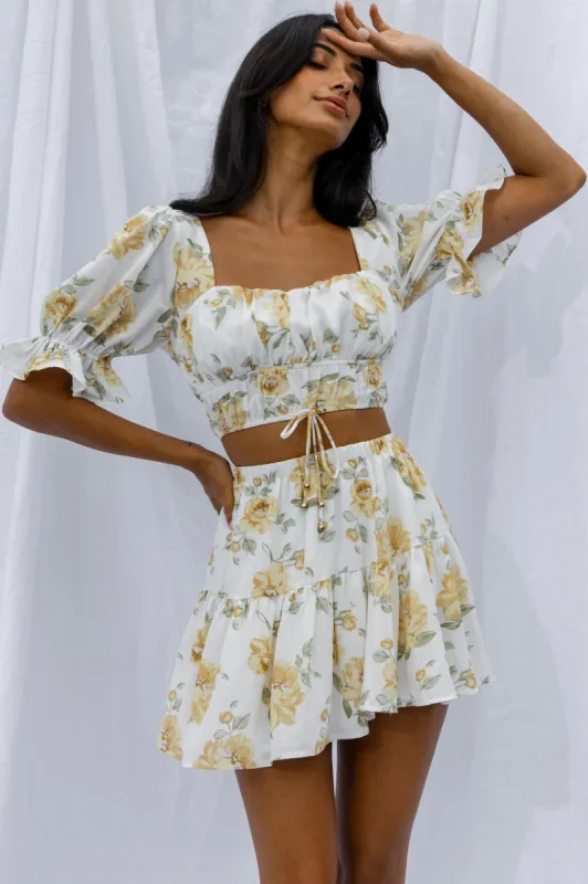 Lilibet Puff Sleeve Drawstring Crop Top Floral White sold by Selfie Leslie