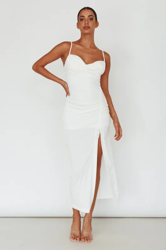 Samba Night Drawstring Ruched Midi Dress White sold by Selfie Leslie