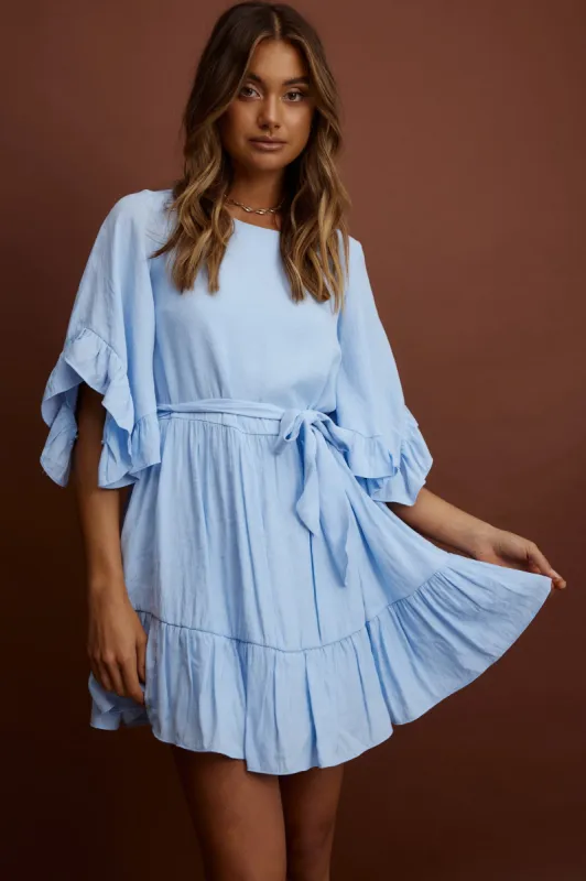 Joni Batwing Sleeve Waist Tie Dress Ruffle Blue sold by Selfie Leslie