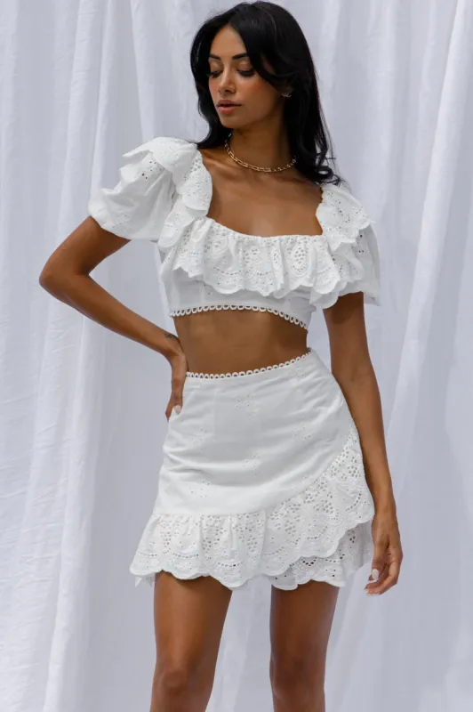 New Moon Ruffle Trim Puff Sleeve Eyelet Crop Top White sold by Selfie Leslie