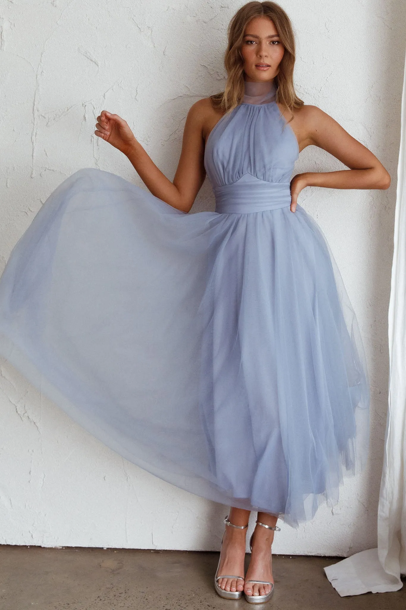 Andria Halterneck Tulle Midi Dress Blue sold by Selfie Leslie