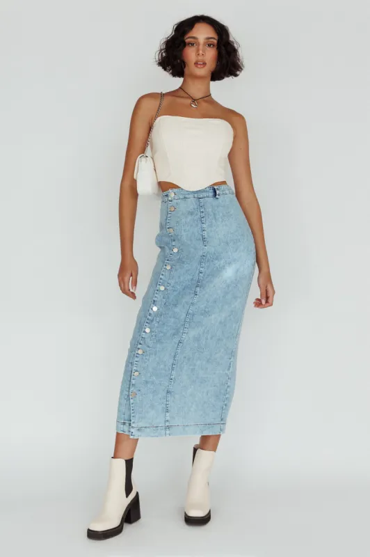 Angelica Side Button-Up Midi Skirt Denim sold by Selfie Leslie