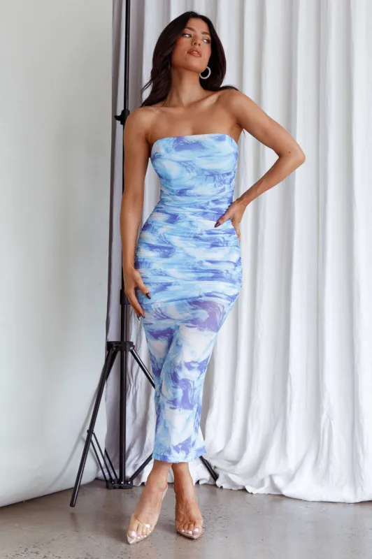 Logan Strapless Ruched Midi Dress Blue sold by Selfie Leslie