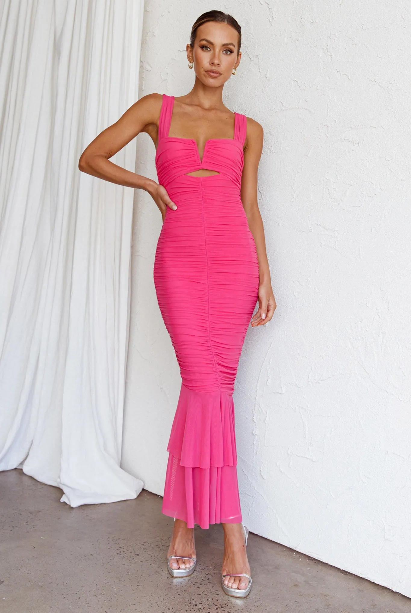 Nadia Ruched Fishtail Maxi Dress Hot Pink sold by Selfie Leslie product image thumbnail 5