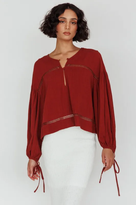 Waltz Long Sleeve Embroidery Trim Top Tobacco sold by Selfie Leslie