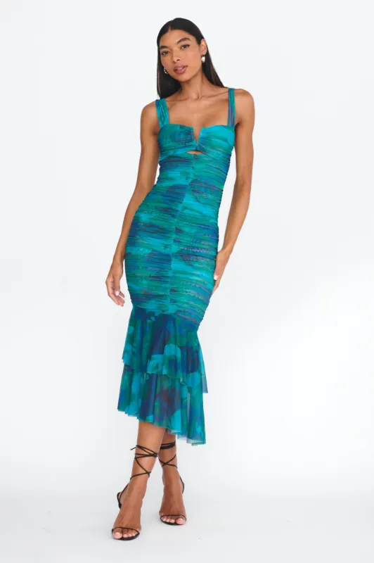 Nadia Ruched Fishtail Midi Dress Abstract Green sold by Selfie Leslie