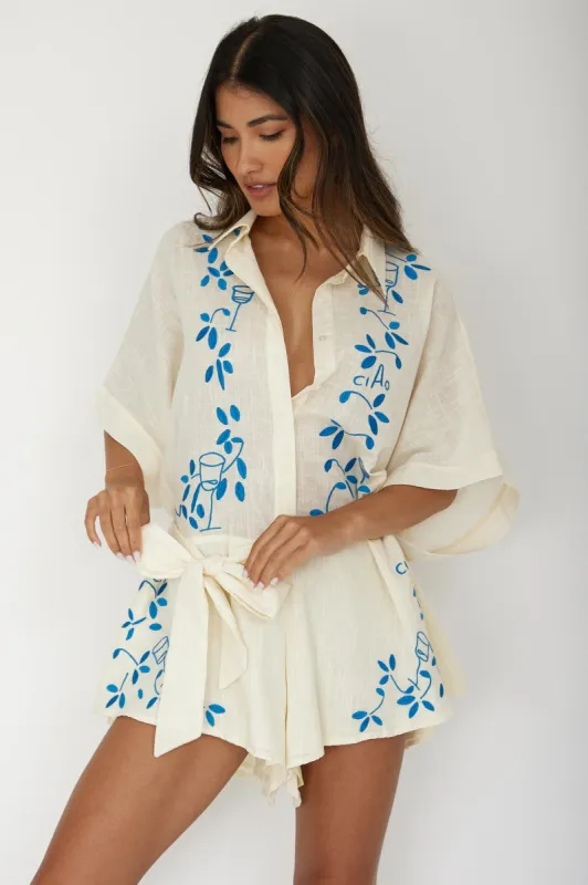 Daytona Beach Button-Up Romper Embroidered Beige sold by Selfie Leslie