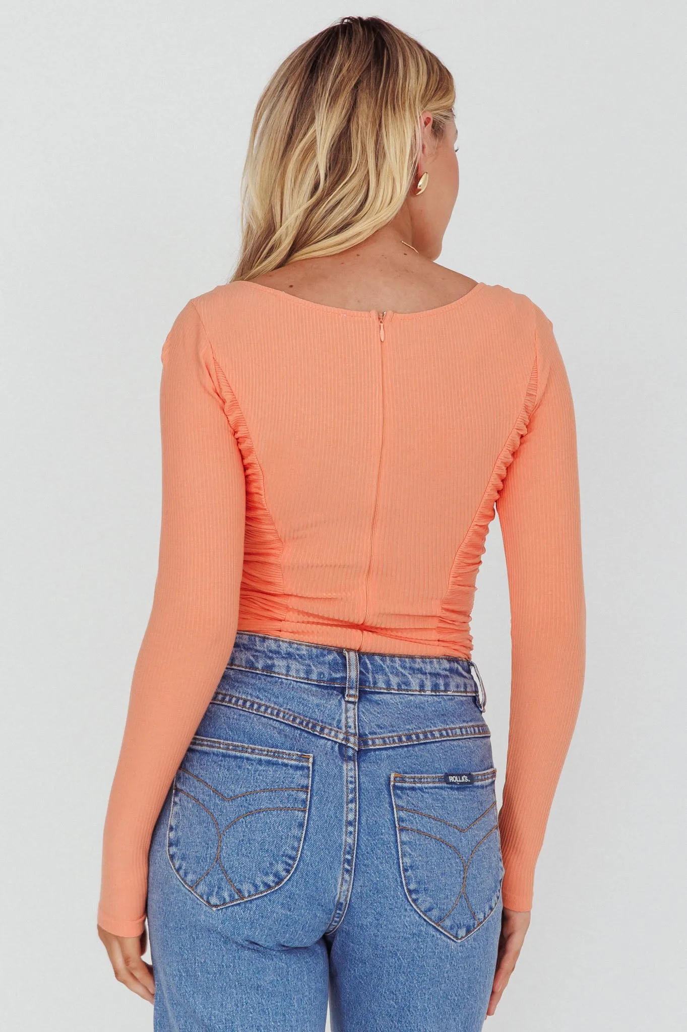 Bobbi Long Sleeve Ruched Side Ribbed Bodysuit Orange sold by Selfie Leslie product image thumbnail 2