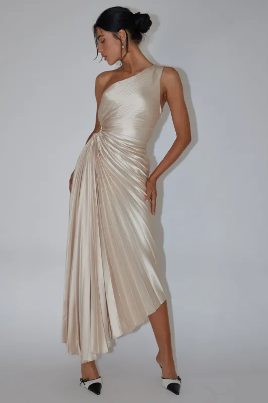 Brooklynn One-Shoulder Accordion Pleat Dress Champagne sold by Selfie Leslie