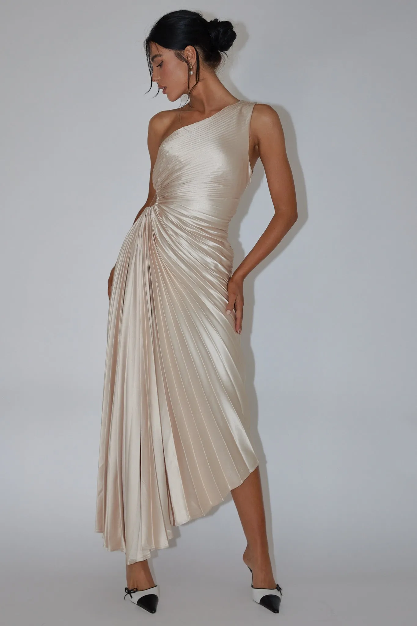 Brooklynn One-Shoulder Accordion Pleat Dress Champagne sold by Selfie Leslie