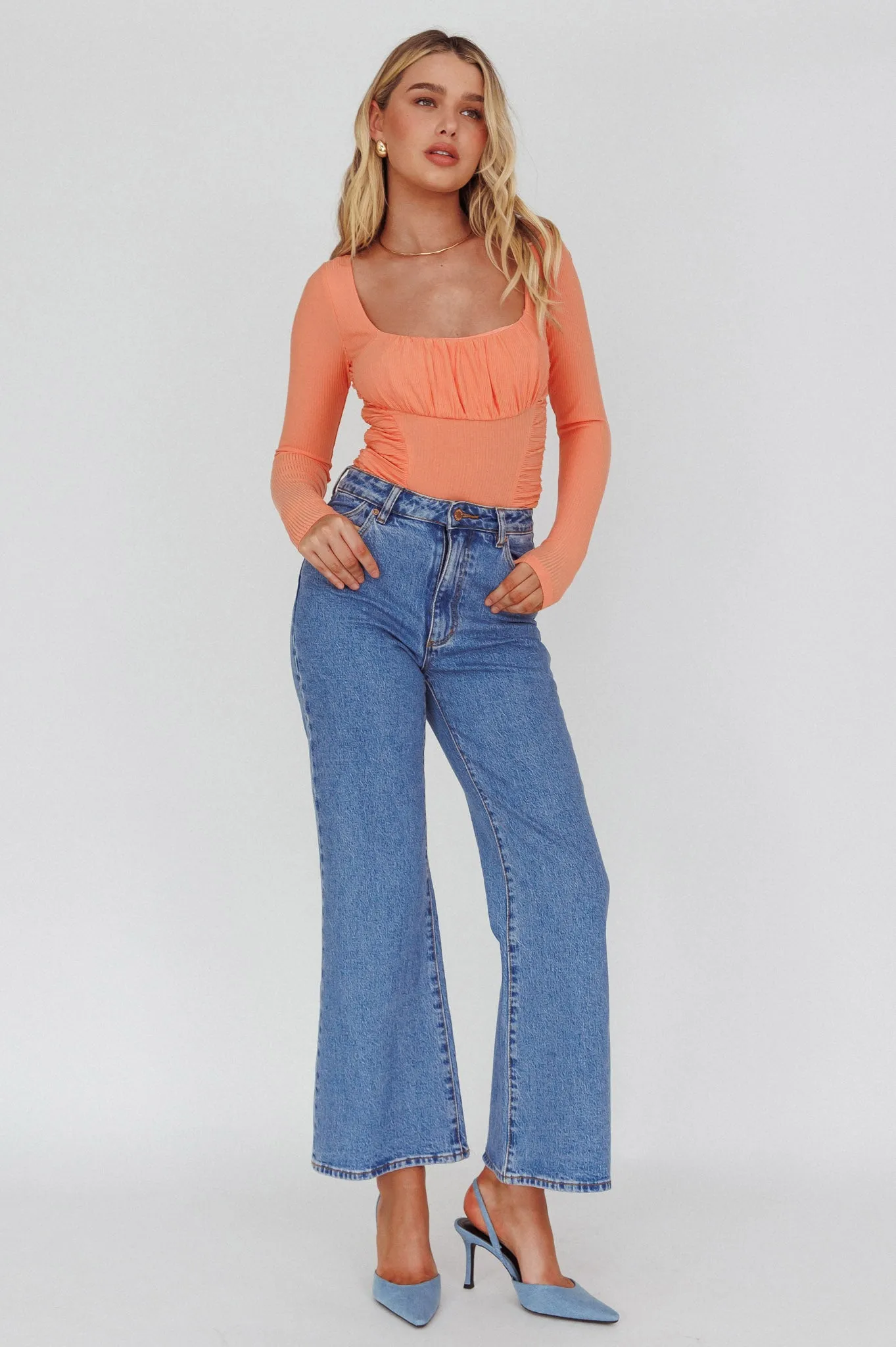 Bobbi Long Sleeve Ruched Side Ribbed Bodysuit Orange sold by Selfie Leslie product image thumbnail 3