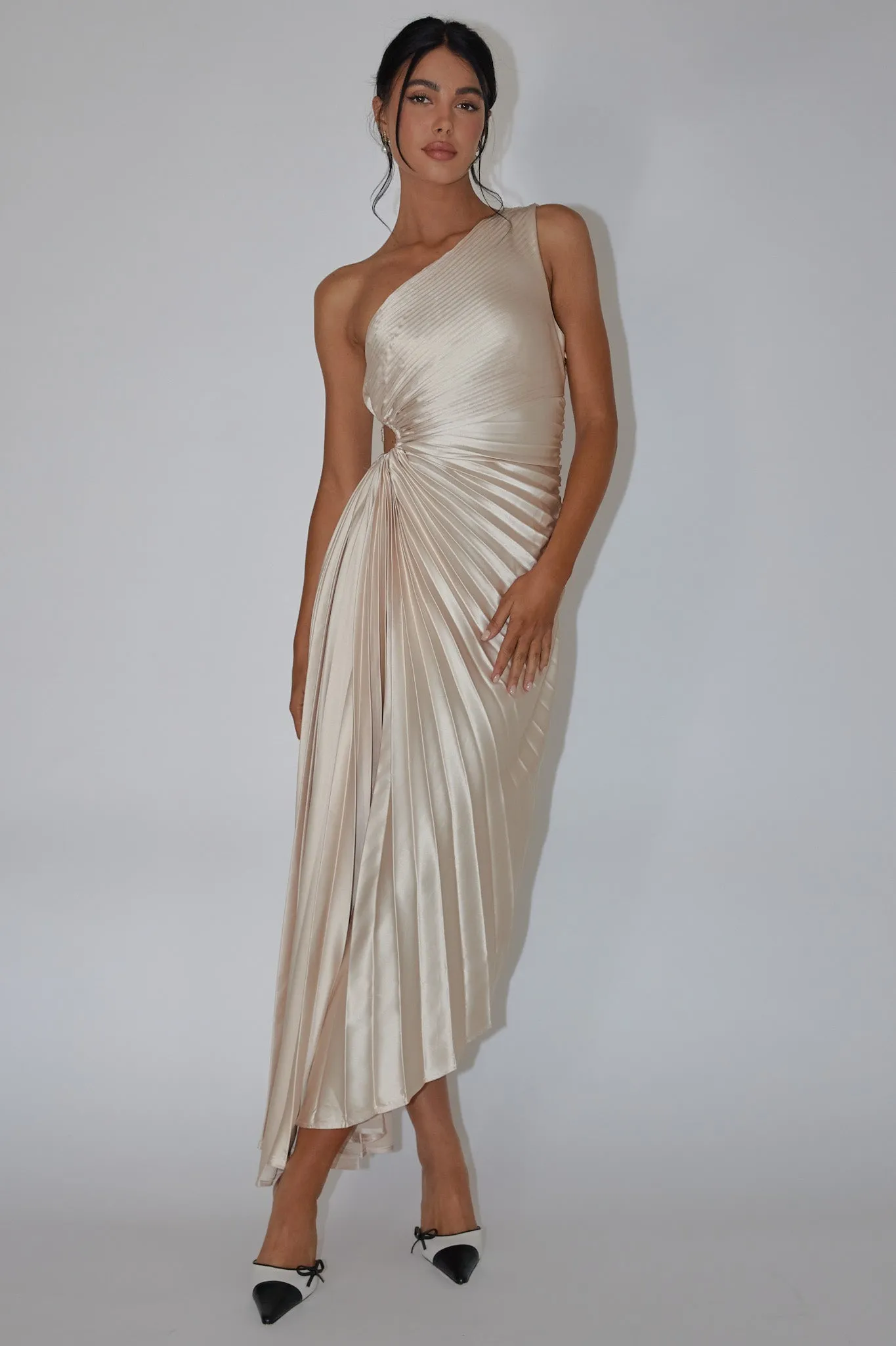 Brooklynn One-Shoulder Accordion Pleat Dress Champagne sold by Selfie Leslie product image thumbnail 5