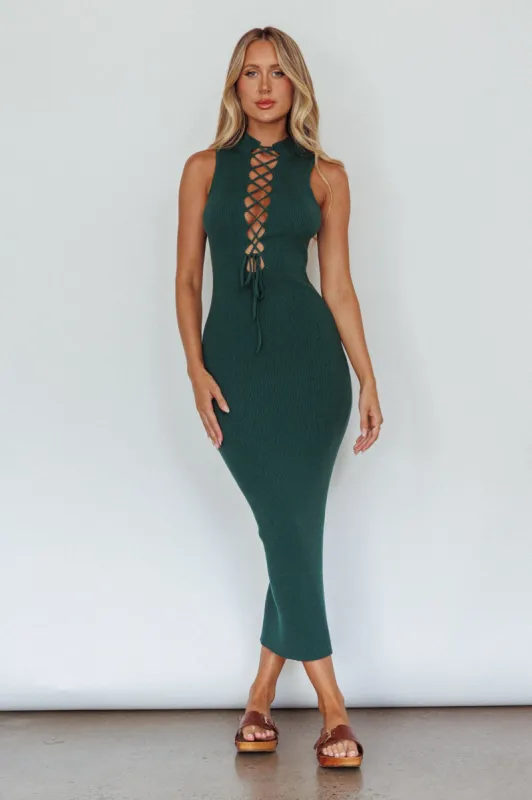 Brand New Day Lace-Up Bust Knit Midi Dress Emerald sold by Selfie Leslie