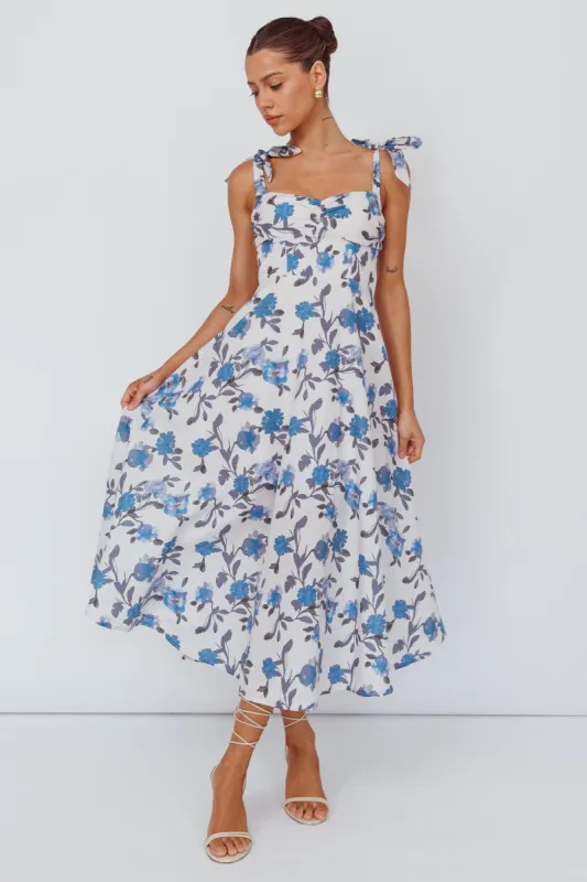 Sweet Pea Tied Bust Midi Dress Flower Blue made by Selfie Leslie