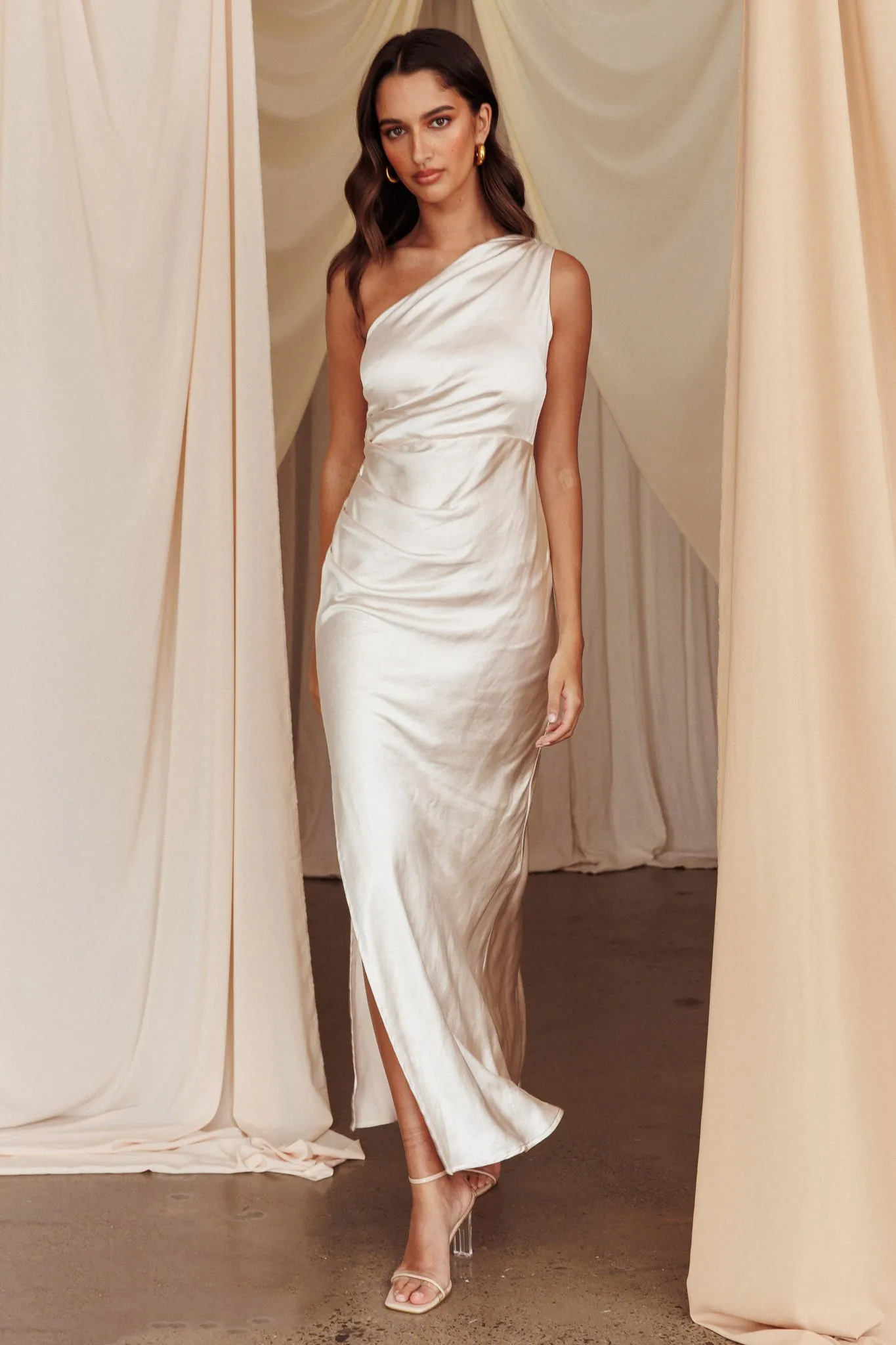 Kamillia One-Shoulder Split Maxi Dress Champagne sold by Selfie Leslie