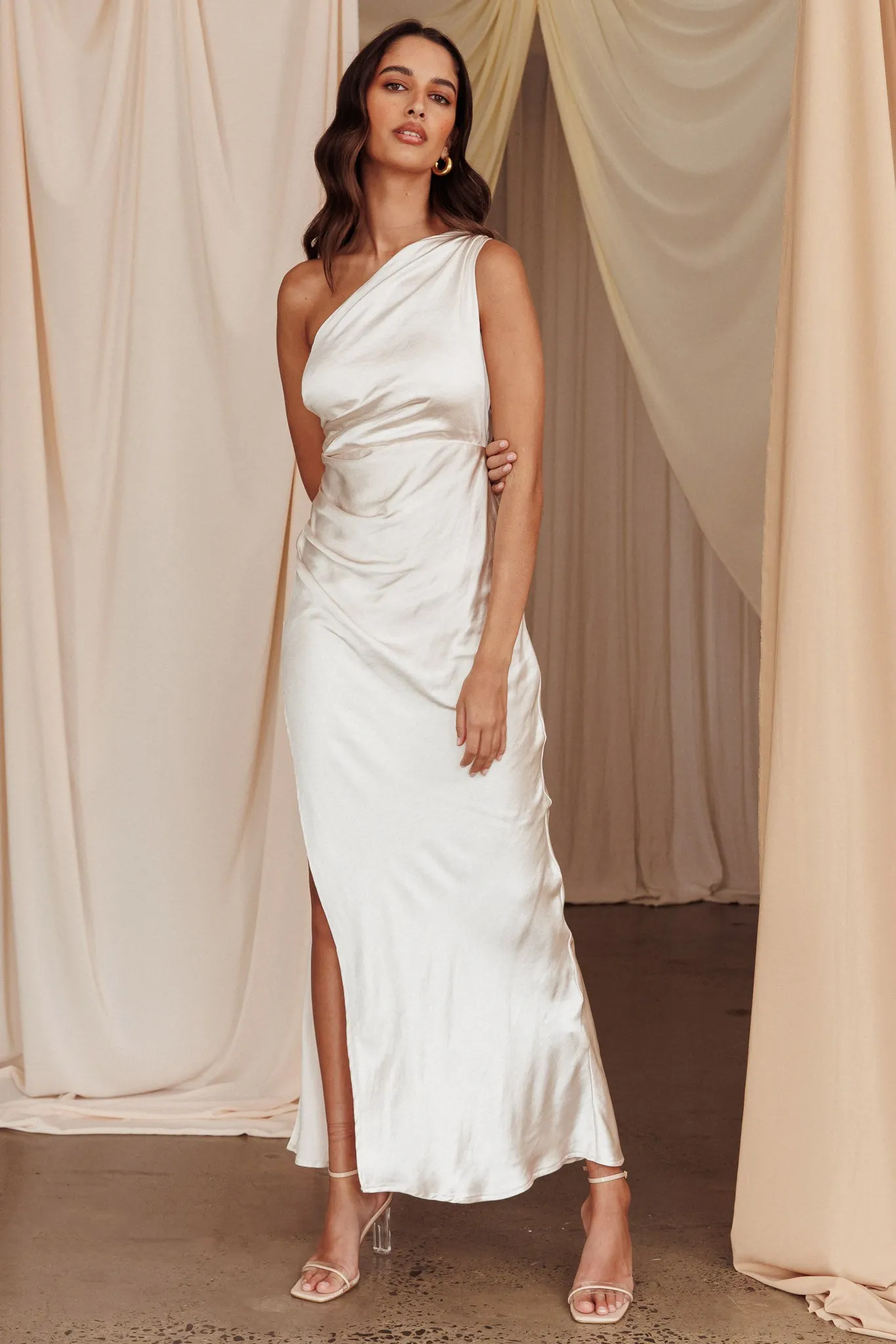 Kamillia One-Shoulder Split Maxi Dress Champagne sold by Selfie Leslie product image thumbnail 3