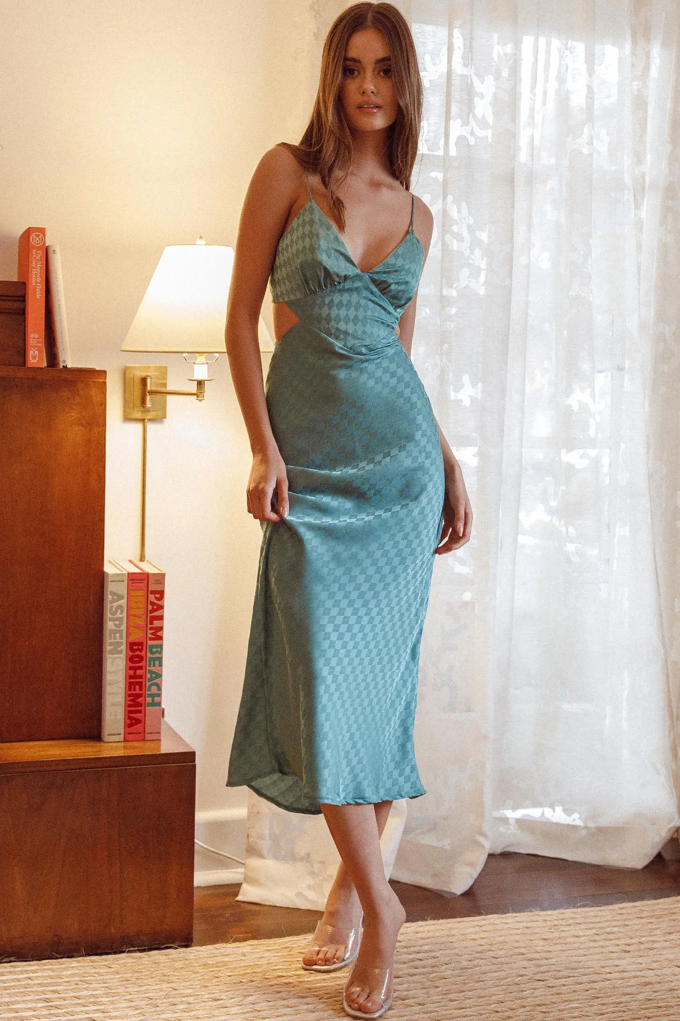 City Lights Cut-Out Waist Split Midi Dress Check Green sold by Selfie Leslie