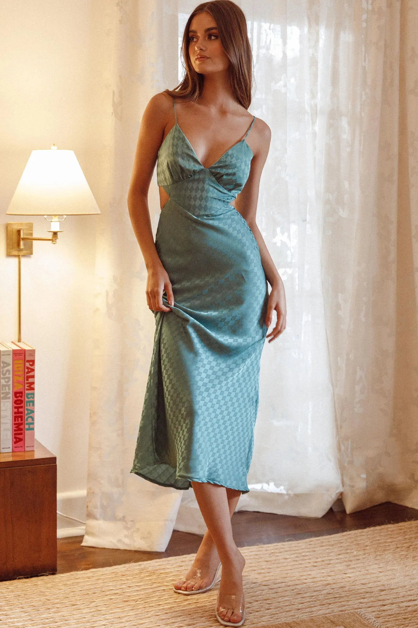 City Lights Cut-Out Waist Split Midi Dress Check Green sold by Selfie Leslie product image thumbnail 3