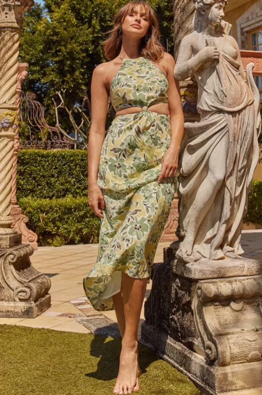 Utopia Cut-Out Waist Midi Dress Green/Yellow sold by Selfie Leslie