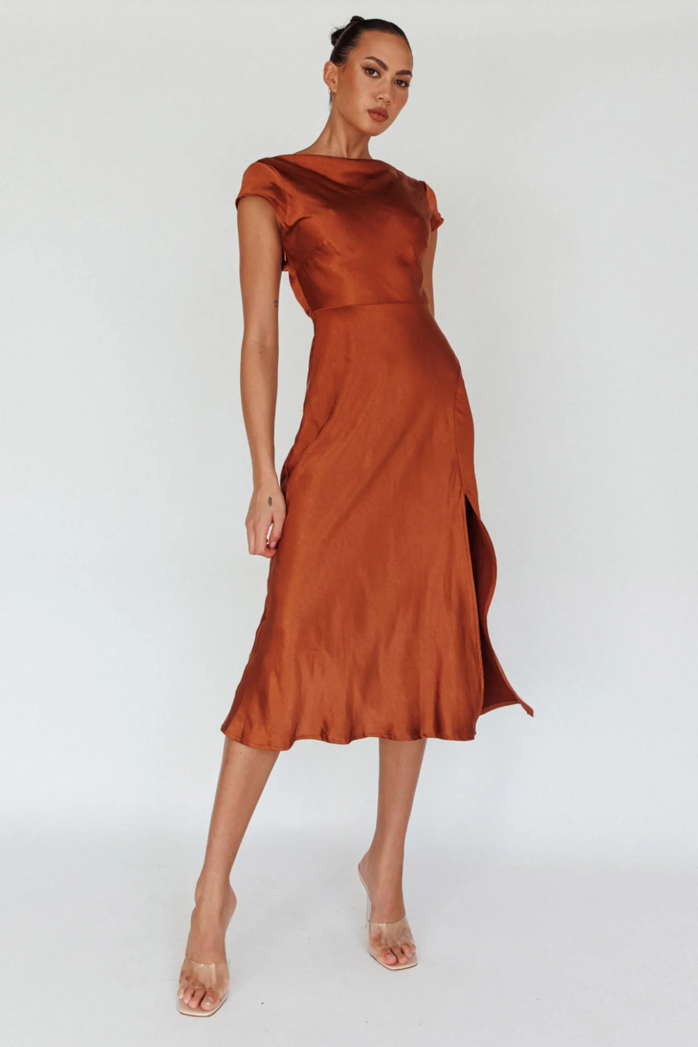 Lucinda Twist Back Midi Dress Brown sold by Selfie Leslie product image thumbnail 3