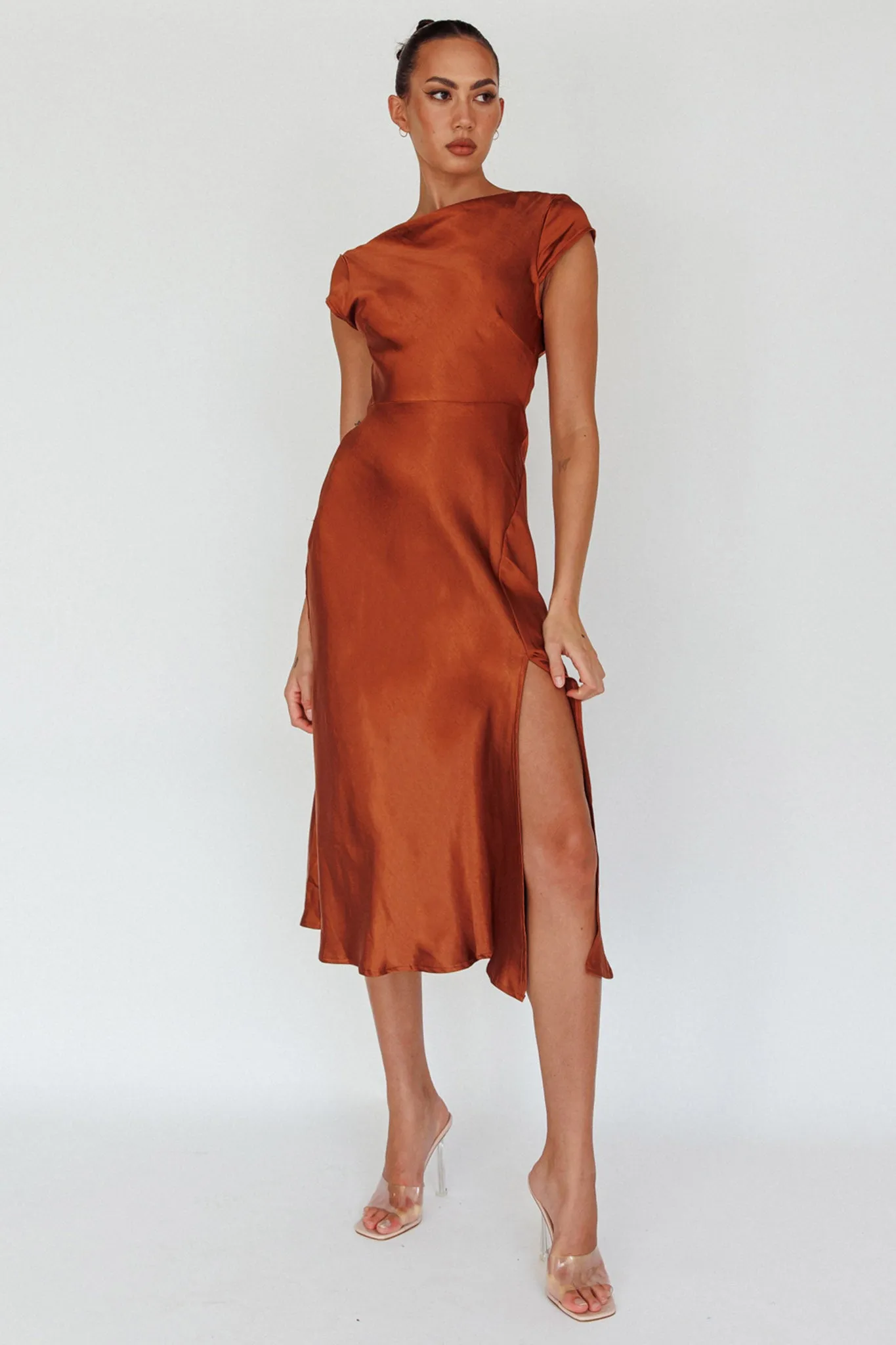 Lucinda Twist Back Midi Dress Brown sold by Selfie Leslie