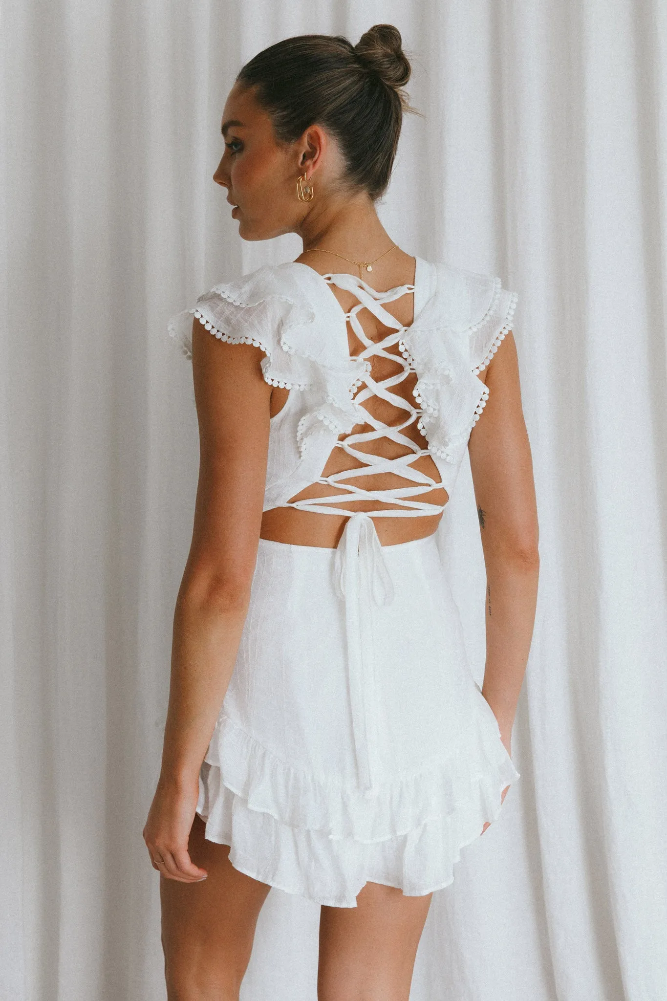 Charade Ruffle Shoulder Corset Back Dress White sold by Selfie Leslie product image thumbnail 2