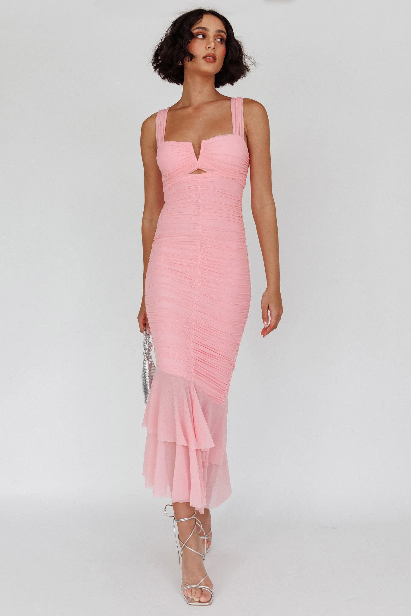 Nadia Ruched Fishtail Maxi Dress Blush sold by Selfie Leslie