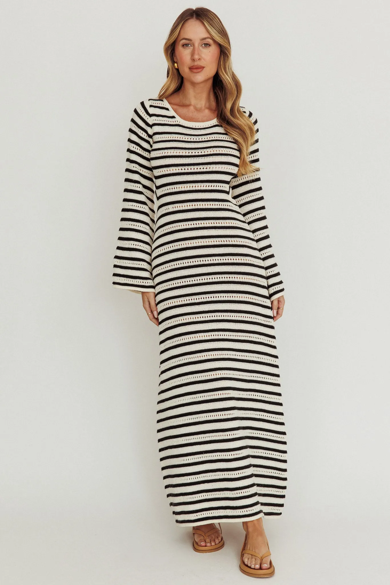 Meredith Long Sleeve Cut-Out Maxi Dress Cream Black sold by Selfie Leslie product image thumbnail 5