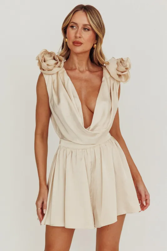 Hallie Cowl Neck Rosette Romper Champagne sold by Selfie Leslie
