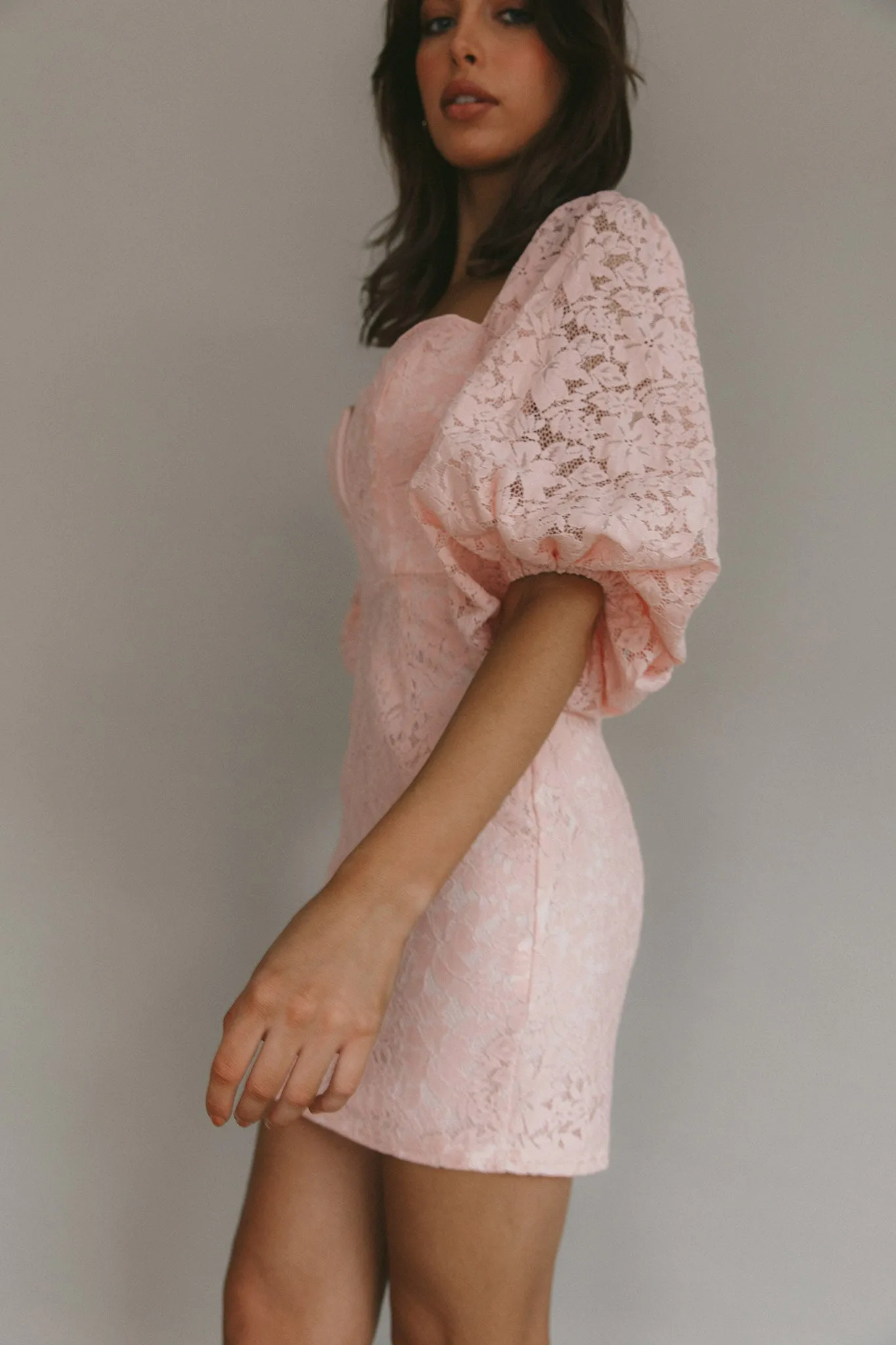 Good Vibes Puff Sleeve Deep V-Neckline Lace Mini Dress Blush sold by Selfie Leslie product image thumbnail 4