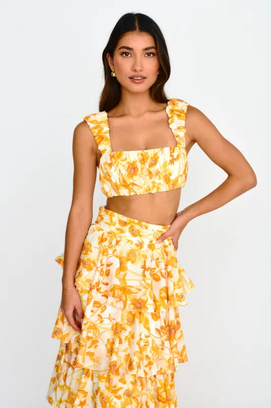 Suenito Gathered Crop Top Floral Orange sold by Selfie Leslie