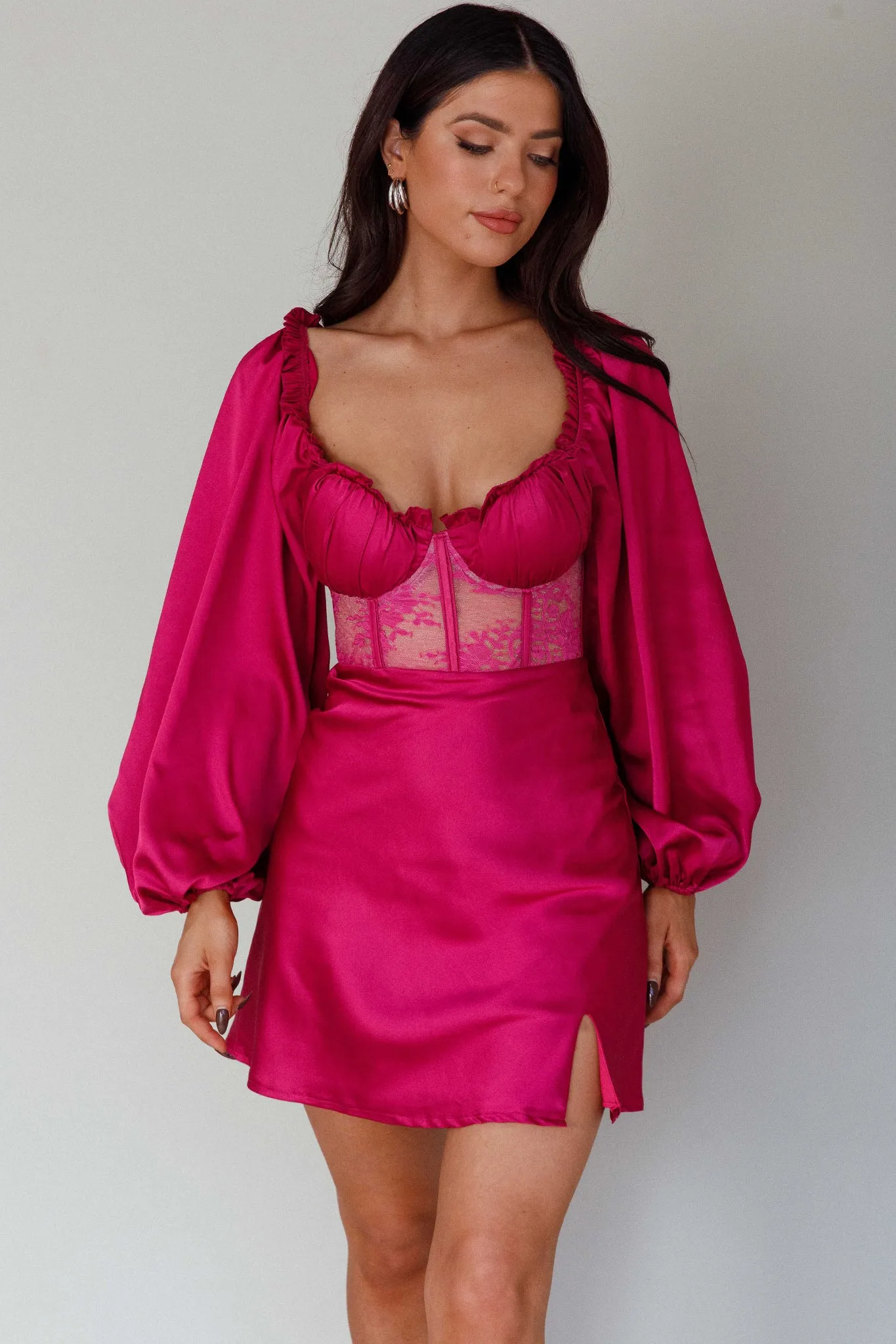 Trophy Long Sleeve Lace Bodice Mini Dress Plum sold by Selfie Leslie product image thumbnail 5