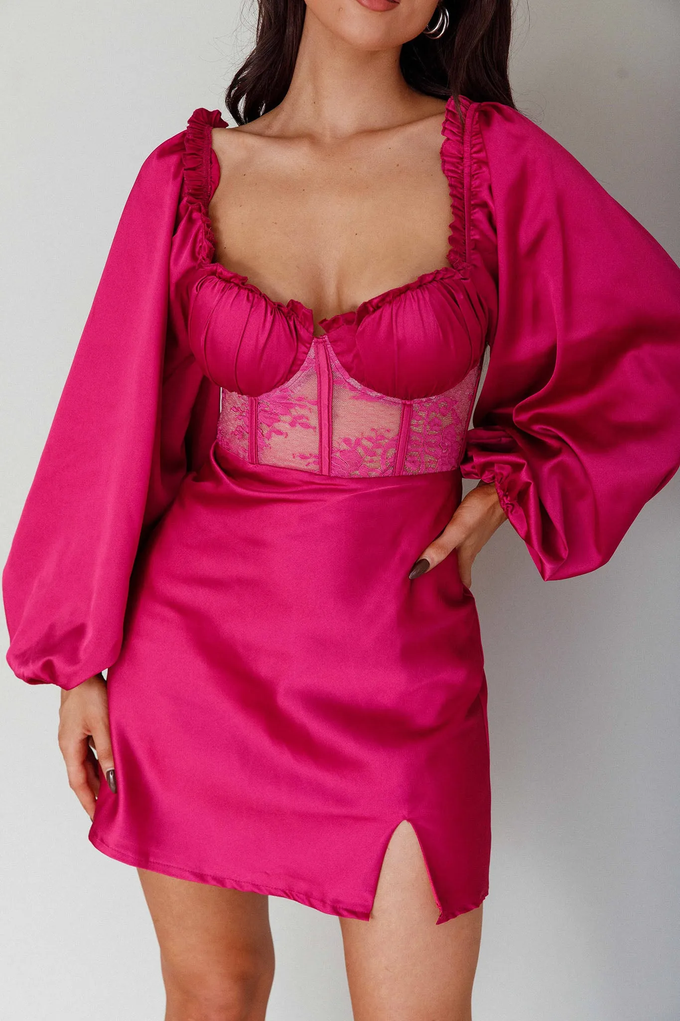 Trophy Long Sleeve Lace Bodice Mini Dress Plum sold by Selfie Leslie product image thumbnail 4