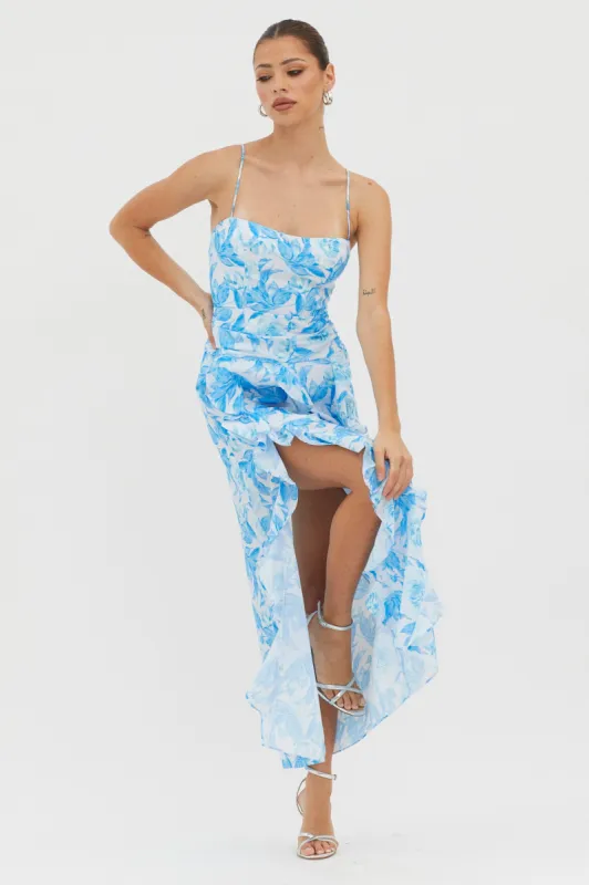 Serif Ruffle Trim Split Maxi Dress Blue sold by Selfie Leslie