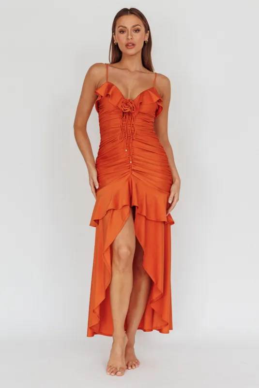 Rosalia Ruched Ruffle Maxi Dress Chocolate sold by Selfie Leslie