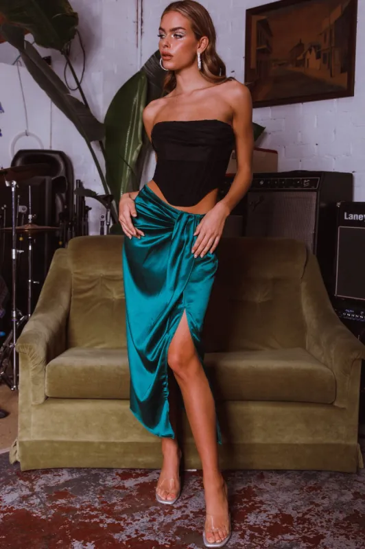 On The Money Gathered Midi Skirt Green sold by Selfie Leslie