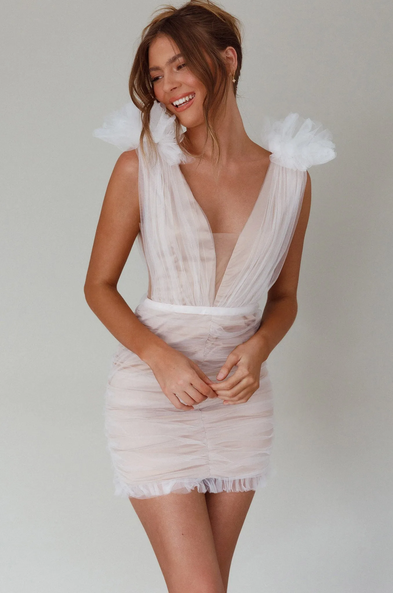 Ludivine Shoulder Accent Mesh Mini Dress White sold by Selfie Leslie