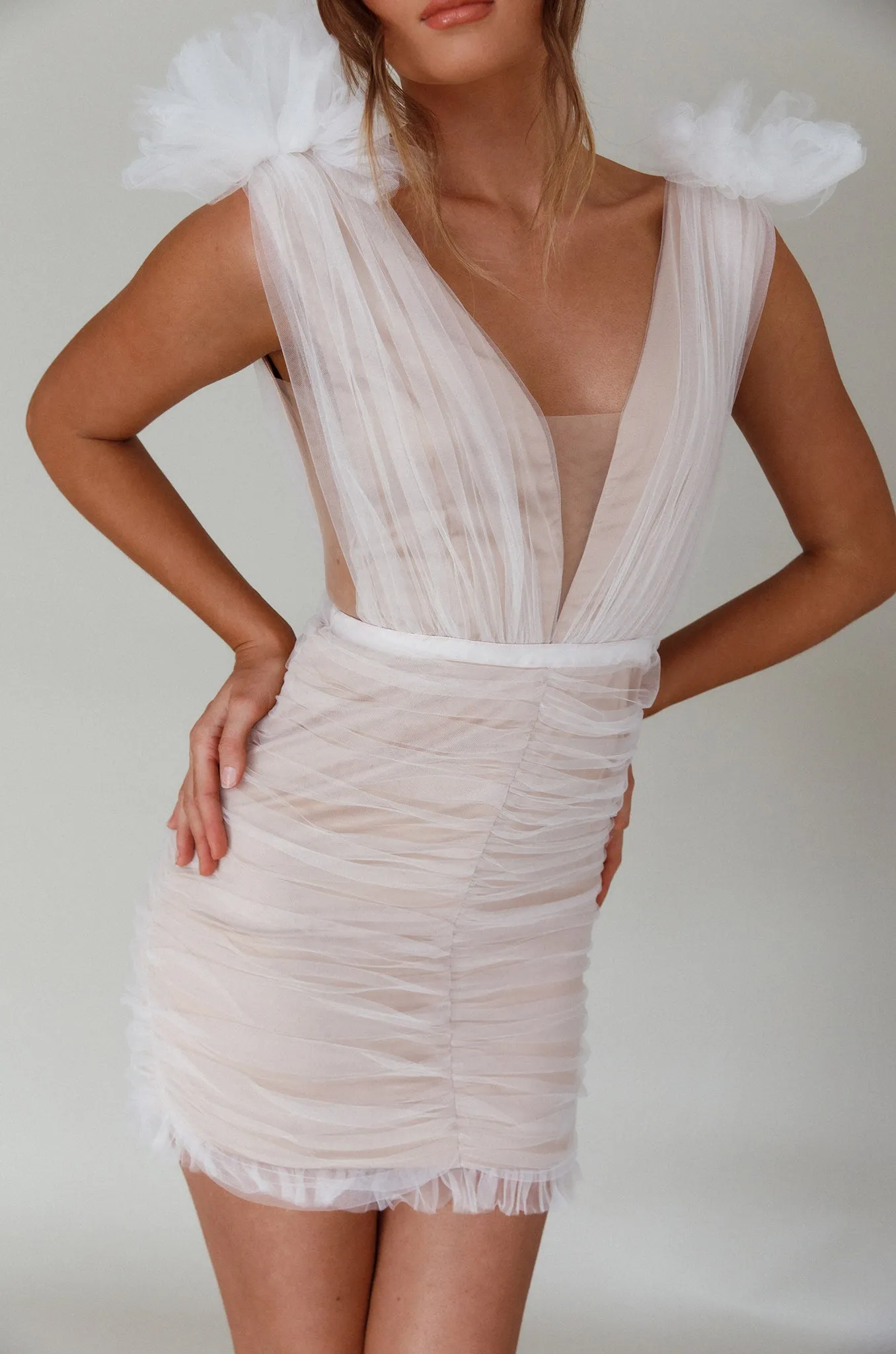 Ludivine Shoulder Accent Mesh Mini Dress White sold by Selfie Leslie product image thumbnail 4