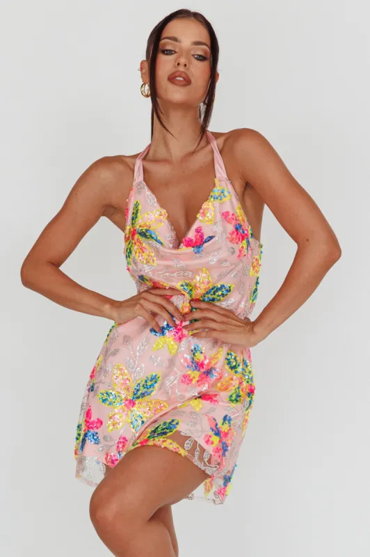 Champagne Showers Halterneck Slip Mini Dress Sequin Floral Pink sold by Selfie Leslie