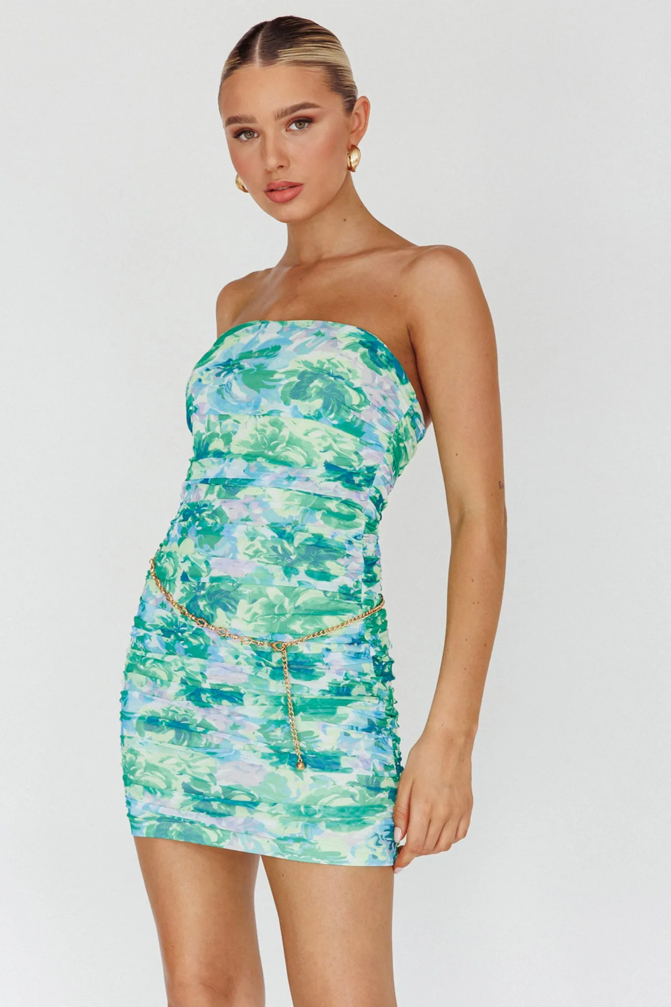Logan Strapless Ruched Dress Floral Green sold by Selfie Leslie