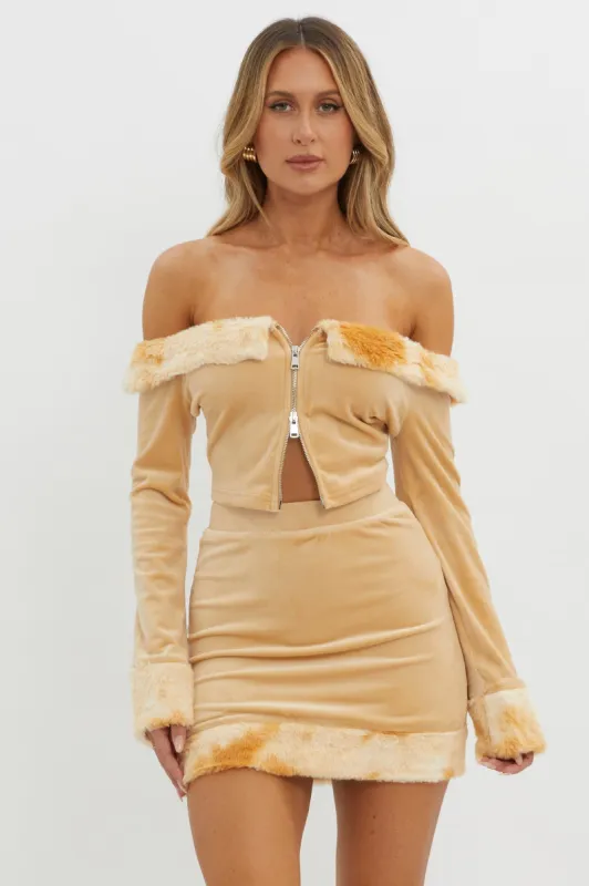 Nordic Lights Fur Trim Skirt Beige made by Selfie Leslie