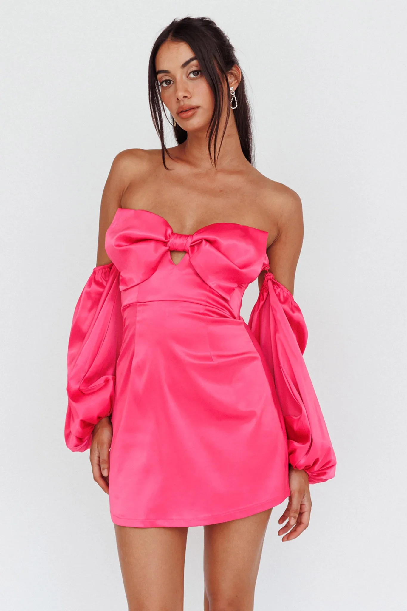 Lilly Off-Shoulder Bow Mini Dress Pink sold by Selfie Leslie