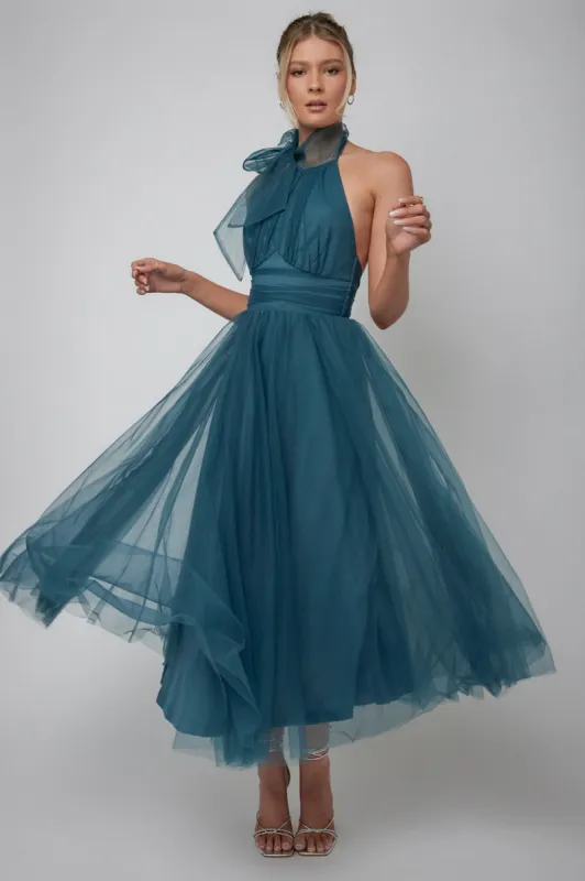 Andria Halterneck Tulle Midi Dress Teal sold by Selfie Leslie