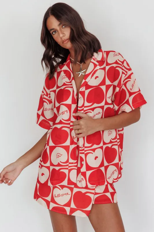 Ithaca Cherry Print Short Sleeve Shirt Red Beige sold by Selfie Leslie