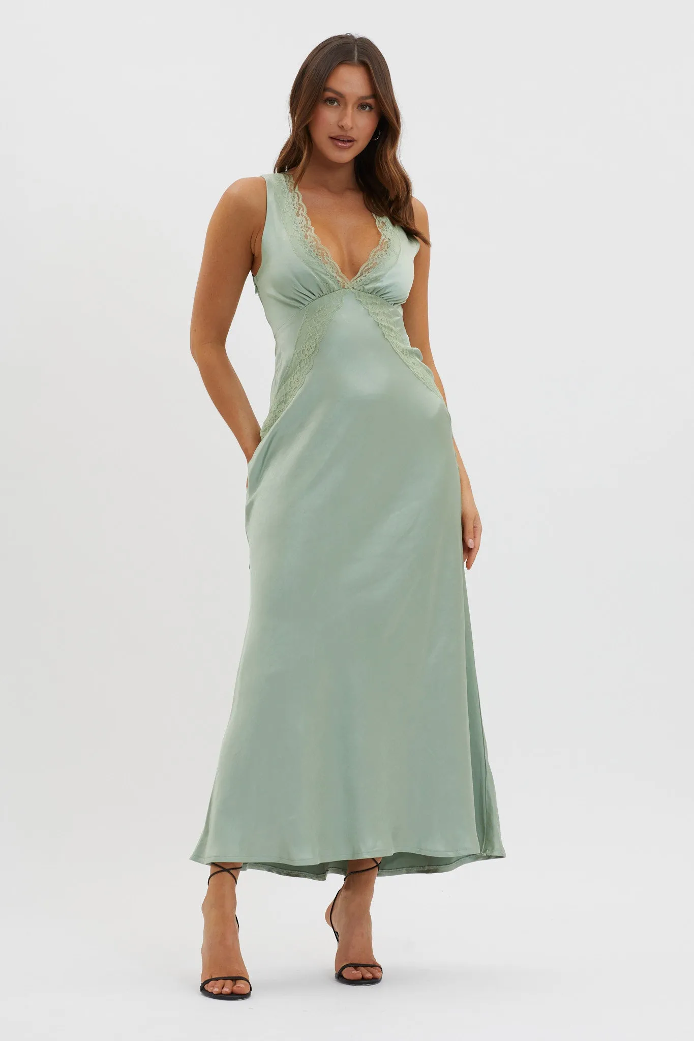 Ivonne Lace Trim V-Neck Maxi Dress Sage sold by Selfie Leslie product image thumbnail 3