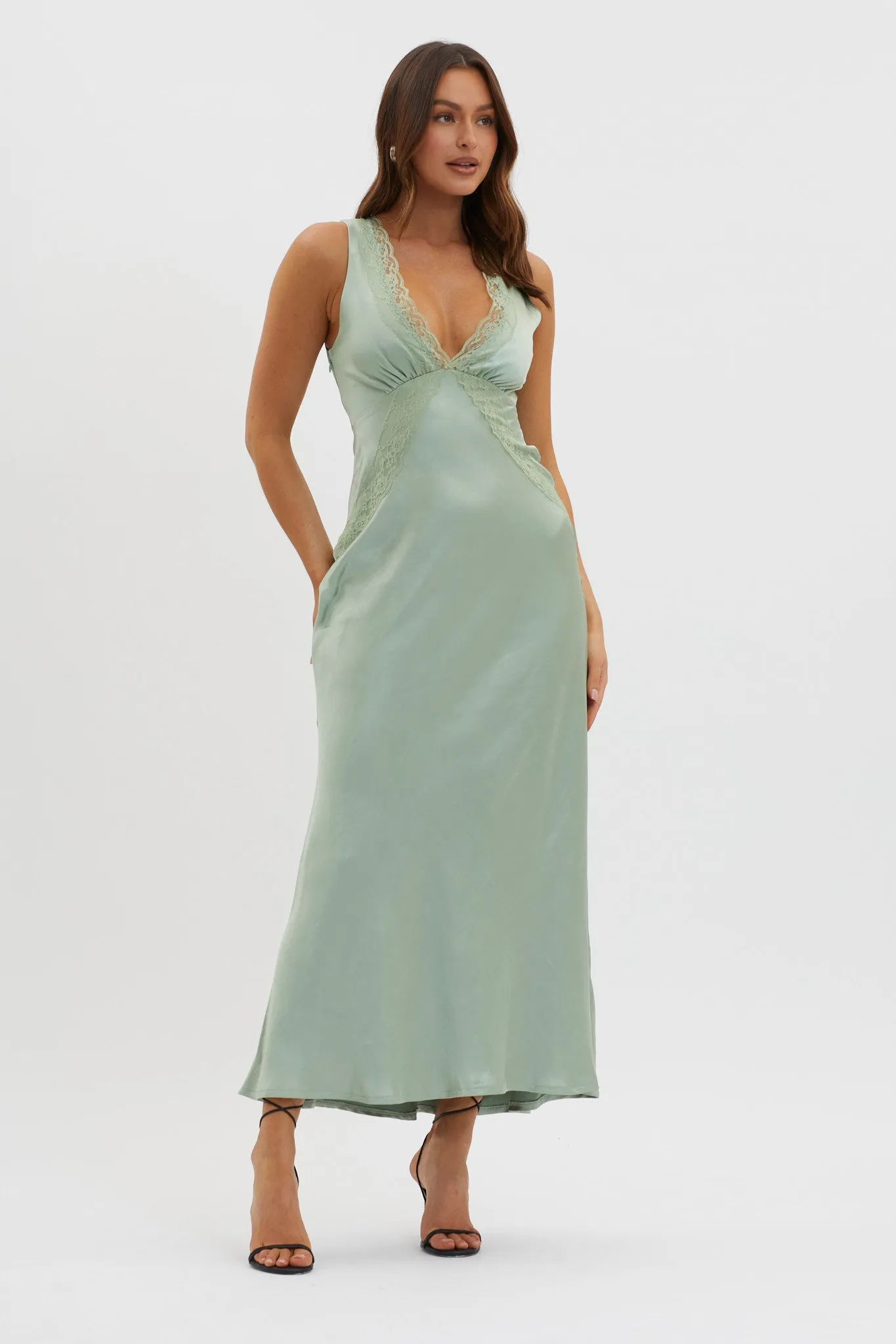 Ivonne Lace Trim V-Neck Maxi Dress Sage sold by Selfie Leslie product image thumbnail 5