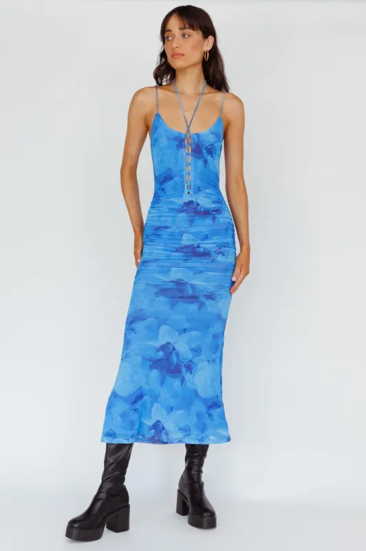 Gypsy Garden Laced Bodice Ruched Midi Dress Blue sold by Selfie Leslie