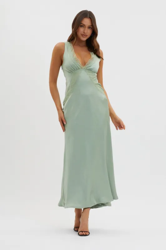 Ivonne Lace Trim V-Neck Maxi Dress Sage sold by Selfie Leslie